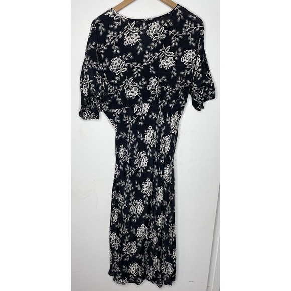 Lolita Black V-Neck Rayon Dress Size L Cream Floral Short Sleeve Tie - Picture 3 of 7